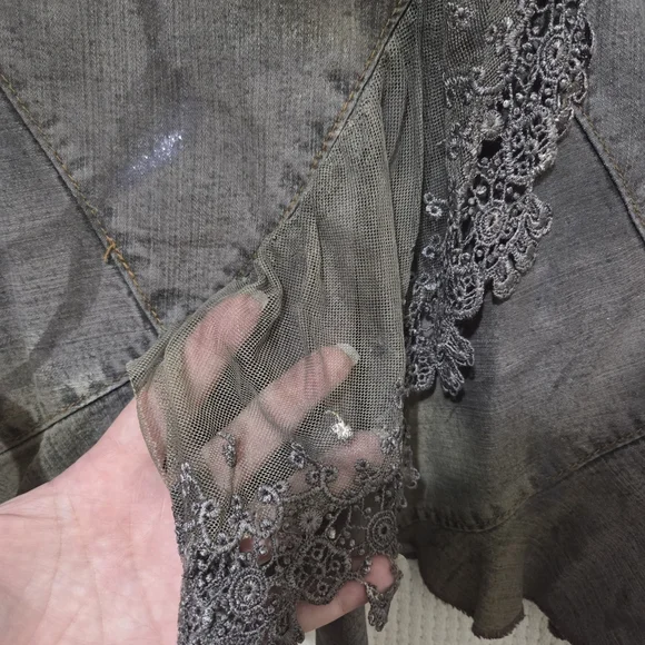 Boho Chic Handmade Dark Grey Distressed Denim Skirt with Lace Details L/XL - Picture 6 of 10